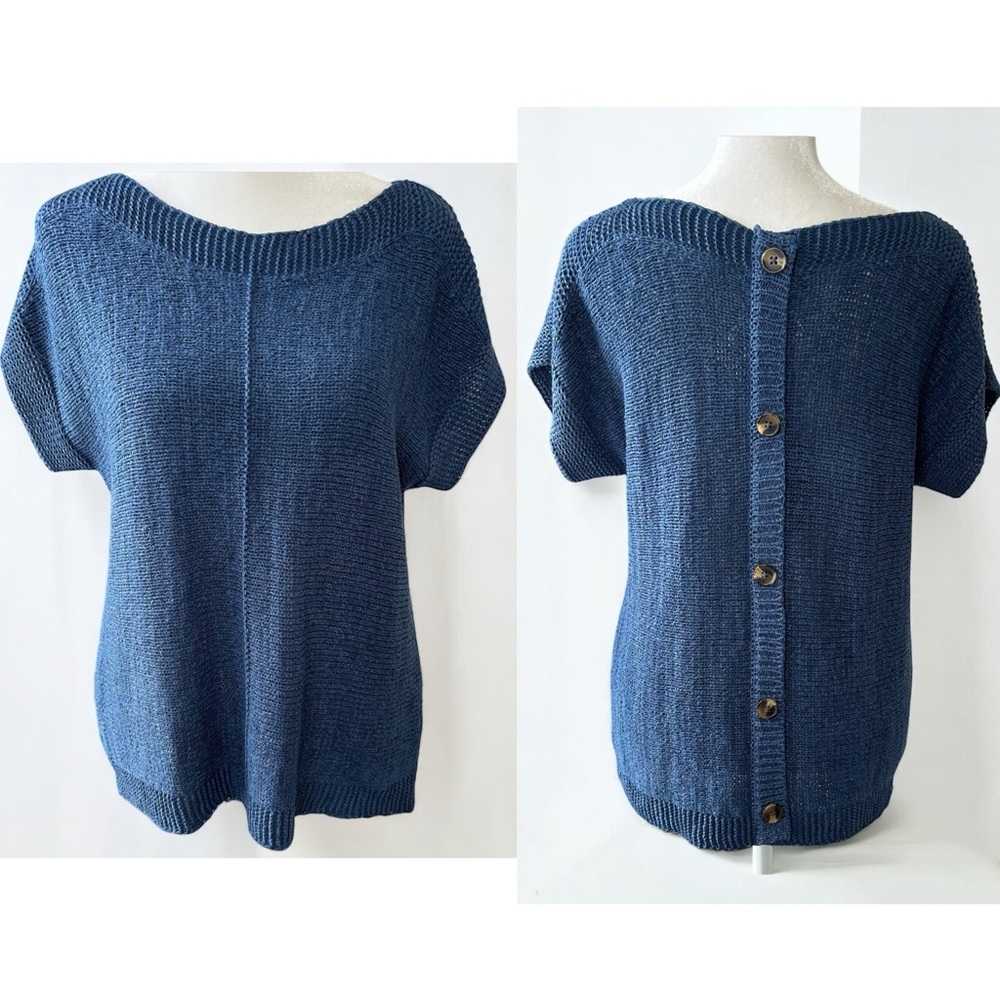 Cable & Gauge Blue Knit Sweater Top with Button Detailing on Back